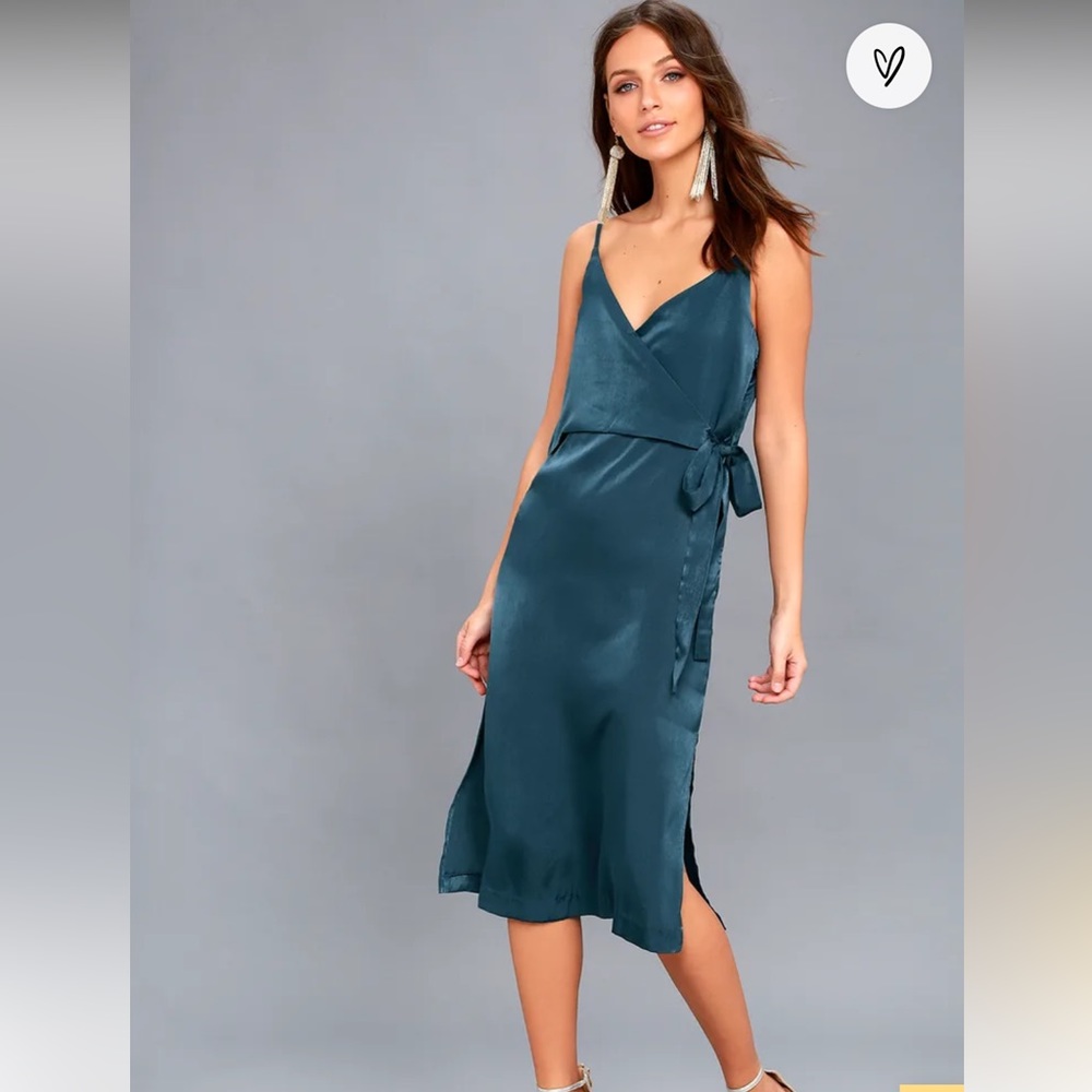 Teal Blue Satin Midi Wrap Dress